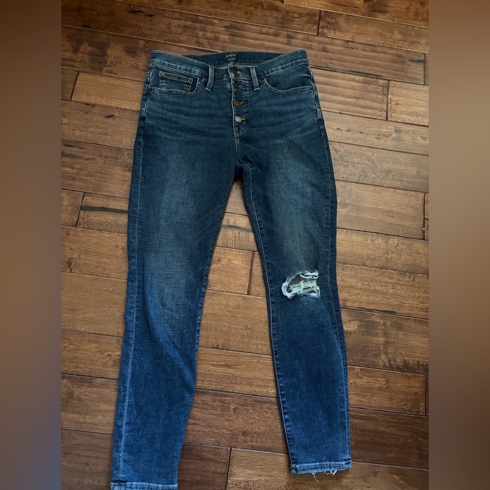J. Crew  9” Mid Rise Skinny Dark Blue Jeans with Distressed Detail 29